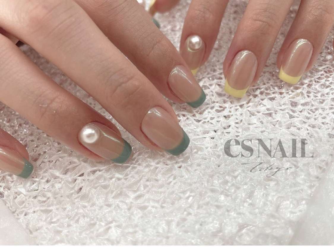 春カラーのアシンメトリーフレンチ💚💛